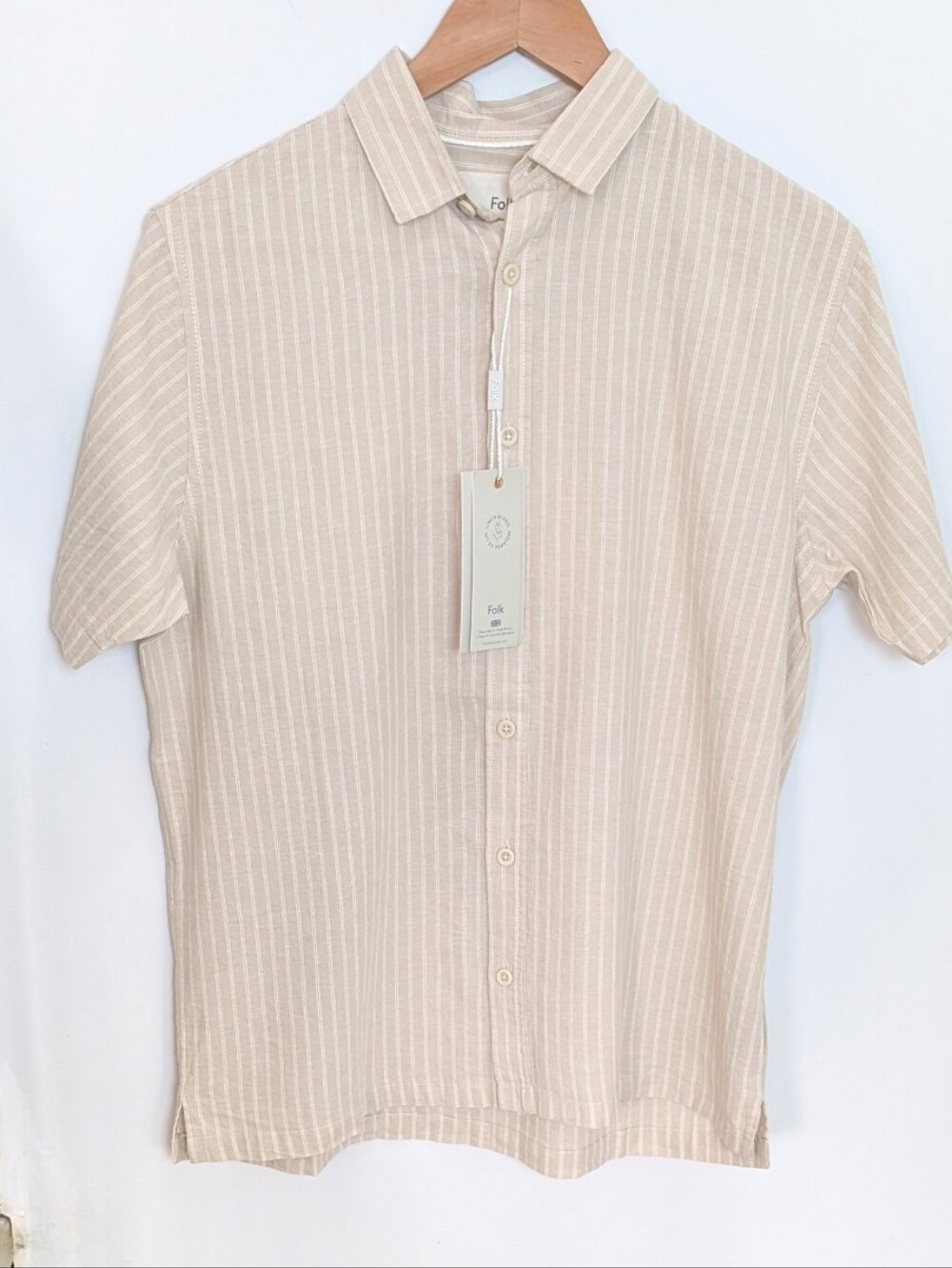 FOLK | Men's Beige/White Grant Stripe Button Down Short Sleeved Shirt